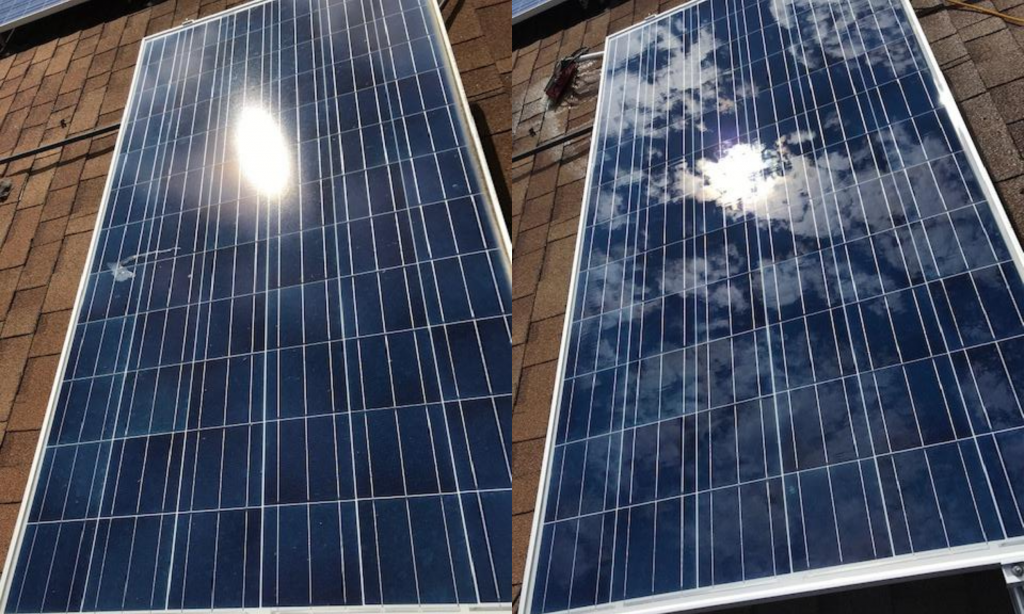 Before and after of solar panels show s. Beautiful reflection on clean solar panel.